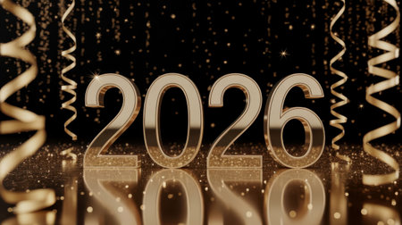 A shiny gold 2026 date with confetti and ribbons on a reflective surface with a dark background and...