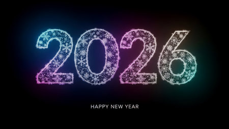 A colorful and vibrant image featuring glittering numbers 2026 with a Happy New Year message on a...