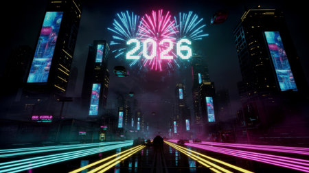 A futuristic cityscape at night with a fireworks display reading 2026 and neon lights reflecting off...