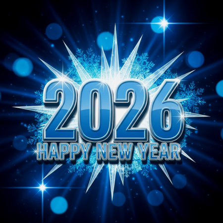 A vibrant digital graphic depicting Happy New Year 2026 with bright blue and white lights on a dark...