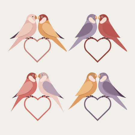 Four pairs of colorful birds sitting on heartsのイラスト素材