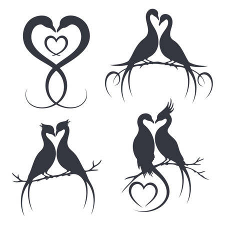 Four silhouette illustrations of birds forming heartsのイラスト素材