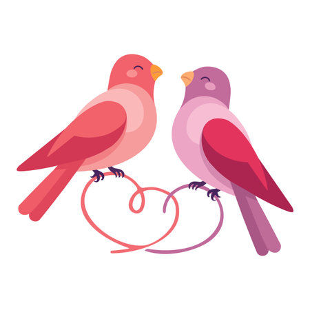 Two colorful birds sitting on intertwined branches in heart shapeのイラスト素材
