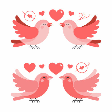 Two pairs of cute pink birds with hearts and wings spreadのイラスト素材