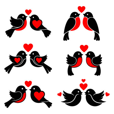 Black and red birds with hearts on white backgroundのイラスト素材