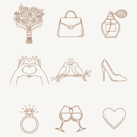 Wedding and love themed line drawings of various romantic symbolsのイラスト素材