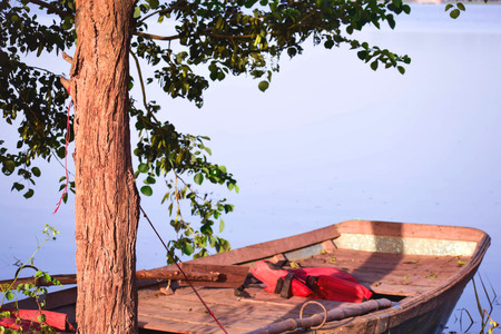 ROWING BOAT TIED WITH TREE WITH WATER IN FRONTの写真素材