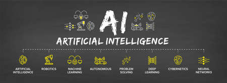 Artificial Intelligence banner, concept illustration icon set: AI, Robotics, Machine Learning, Autonomous, Problem Solving, Deep Learning, Cybernetics, Neural Networks.のイラスト素材