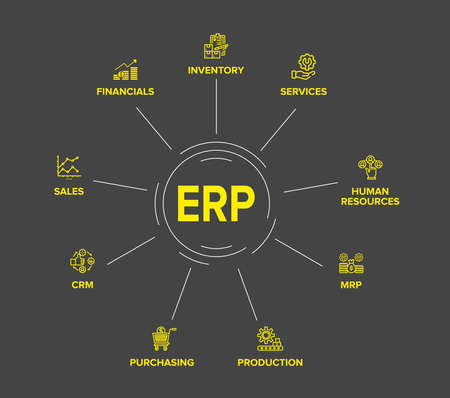 Enterprise resource planning (ERP) module/ workflow icon Construction on circle flow chart art vector design on black backgroundのイラスト素材