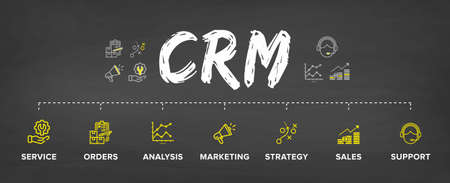 CRM â Customer Relationship Management software structure/ module/ workflow vector icon construction concept banner: Service, Order, Marketing, Analysis, Strategy, Sales, Support.のイラスト素材