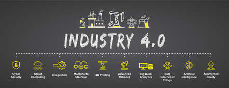 Industry 4.0 banner, concept illustration, productions vector icon set: AI, smart industrial revolution, automation, robot assistants, IoT, cloud and bigdata.のイラスト素材