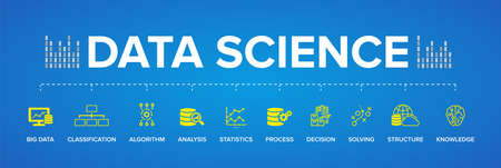 Data Science concept vector icons: Big Data, Classification, Analysis, Statistics, Decision, Structure, Algorithm, Process, Solving, Knowledge.のイラスト素材