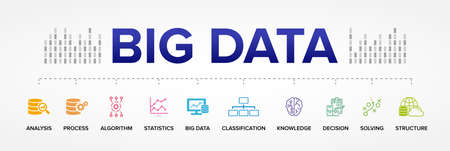 Big Data concept vector icons: Analysis, Process, Algorithm, Statistics, Big Data, Classification, Knowledge, Decision, Solving, Structure.のイラスト素材