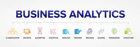 Business Analytics concept vector icons: Big Data, Classification, Analysis, Statistics, Decision, Structure, Algorithm, Process, Solving, Knowledge.のイラスト素材
