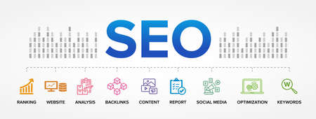 SEO - Search Engine Optimization process vector icons set infographics background.のイラスト素材