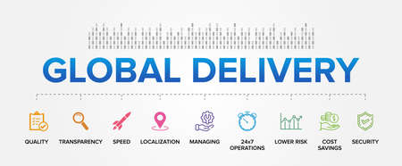 Global Delivery Center benefits vector icons set infographics background.のイラスト素材