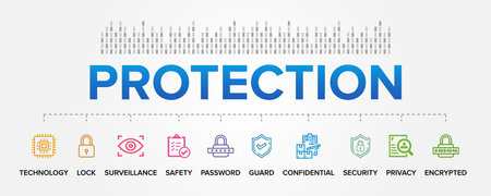 Protection concept vector icons set infographic background illustration. Data, Technology, Privacy, Security, Encrypted, Safety.のイラスト素材