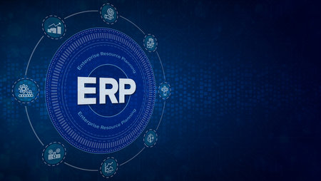 ERP Cloud System Software Automation - Enterprise Resource Planning (ERP) solution software or application construction concept on virtual screen.の写真素材