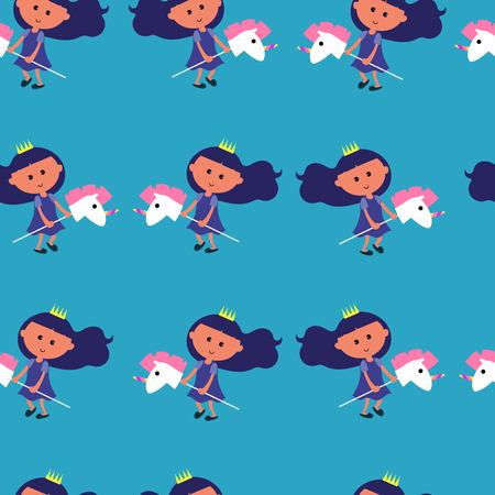 seamless pattern with cute unicorn and princess vector illustration on blue background. Colorful vector illustration for fabric print, wallpaper, greeting card, wrapping paper.のイラスト素材