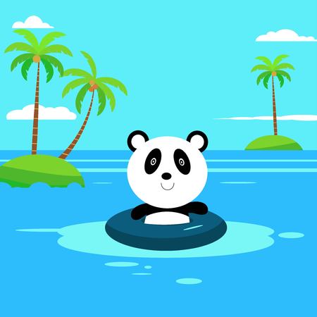 Flat panda swimming on the beach. Flat Summer Background design. Vector Beach Landscapeのイラスト素材