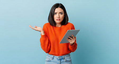 A young woman with dark straight hair and light skin shows confusion while holding a tablet in one hand and gesturing with the other against a light blue background, conveying uncertainty perfect for technology and customer service topics.の素材