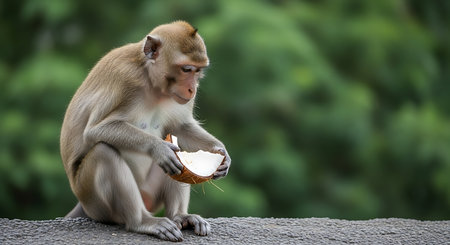 Monkey eating coconut in the park, Khao Yai National Park, Thailandの素材