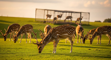 Herd of fallow deer in a meadow at sunset.の素材
