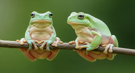 Two green tree frogs sitting on a branch in the rainforest of Costa Ricaの素材