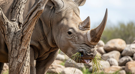 White rhinoceros eating grass in the Etosha National Park, Namibiaの素材