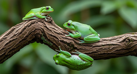 Group of green tree frog (Hyla arborea) on a branchの素材