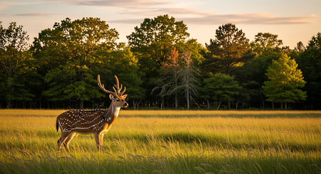 Spotted deer in a meadow at sunset in summertime.の素材