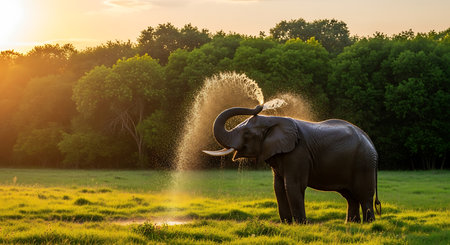 Elephant splashing water on green meadow at sunset, Africaの素材