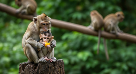 Monkey family sitting on the tree and eating fruit in the forestの素材