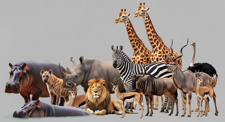 Group of wild animals on gray background. African safari theme.の素材