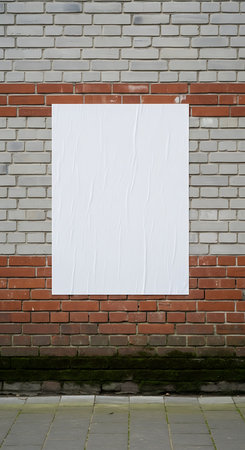 A large blank white poster with slight wrinkles is mounted on a brick wall featuring gray and red bricks in an outdoor urban environment with natural lighting, suitable for advertising or promotional use.の素材