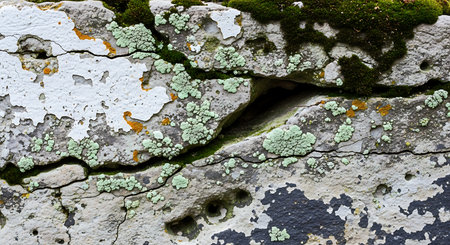 A detailed close up of textured gray rock surface covered with light green lichen, dark moss, and orange patches, creating a natural and earthy atmosphere suitable for nature and environmental themes.の素材