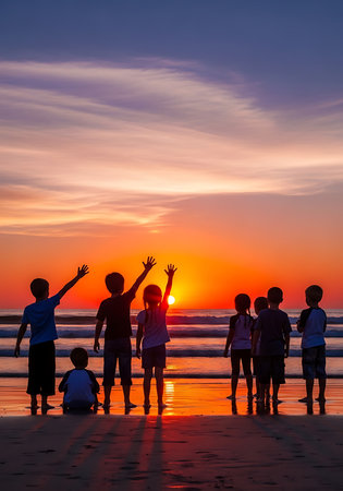 Group of children on the beach at sunset. The concept of a healthy lifestyle.の素材
