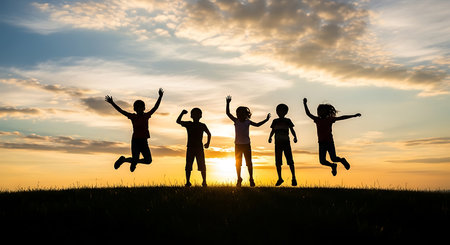 Silhouette of happy children jumping on sunset sky background. Happy family conceptの素材