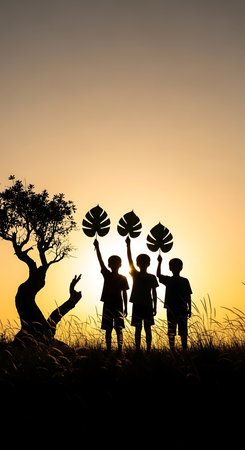 Silhouette of happy children playing with tree on sunset sky backgroundの素材