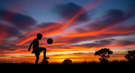 Silhouette of a boy playing soccer on the sunset background.の素材
