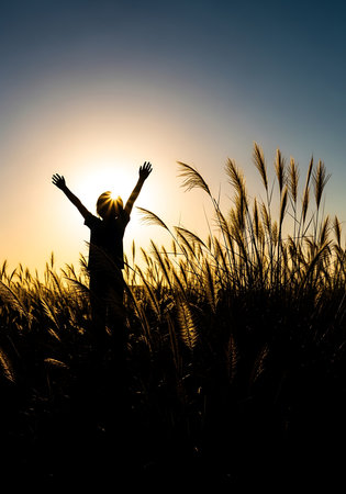 Silhouette of a young woman with her arms outstretched in the field at sunsetの素材