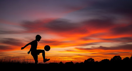 Silhouette of a boy playing soccer against a sunset sky.の素材