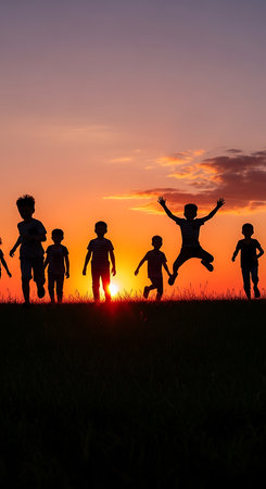 Silhouette of children jumping on the meadow at sunset.の素材