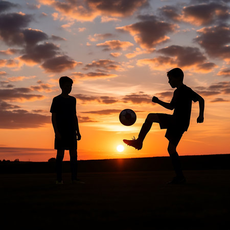 Silhouette of two soccer players with ball on sunset sky backgroundの素材