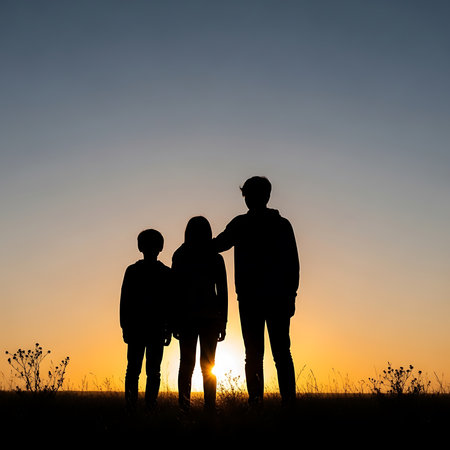 Silhouette of a family on a background of the setting sunの素材