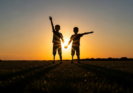 Silhouette of a boy playing with his sister on the field at sunsetの素材