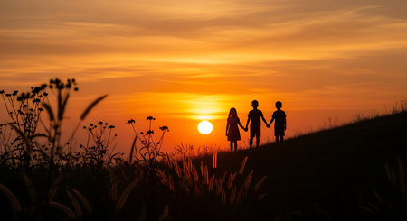 Silhouette of a man and woman holding hands on sunset backgroundの素材