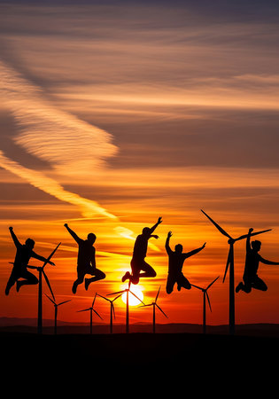 Silhouette of children jumping on wind turbines at sunset background.の素材