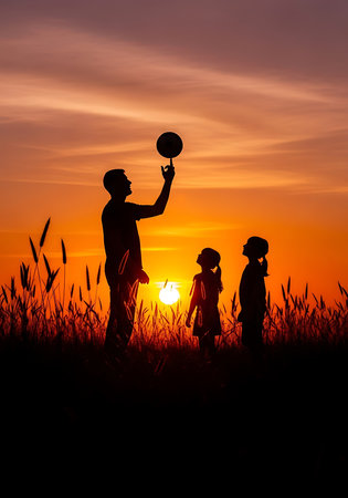 Silhouette of father and children on the field at sunset.の素材