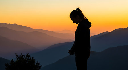 Silhouette of a young woman looking at the sunset in the mountainsの素材